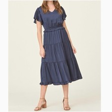 Tea N Rose Navy Blue Satin Tiered Ruffled Midi Dress - Size 1X