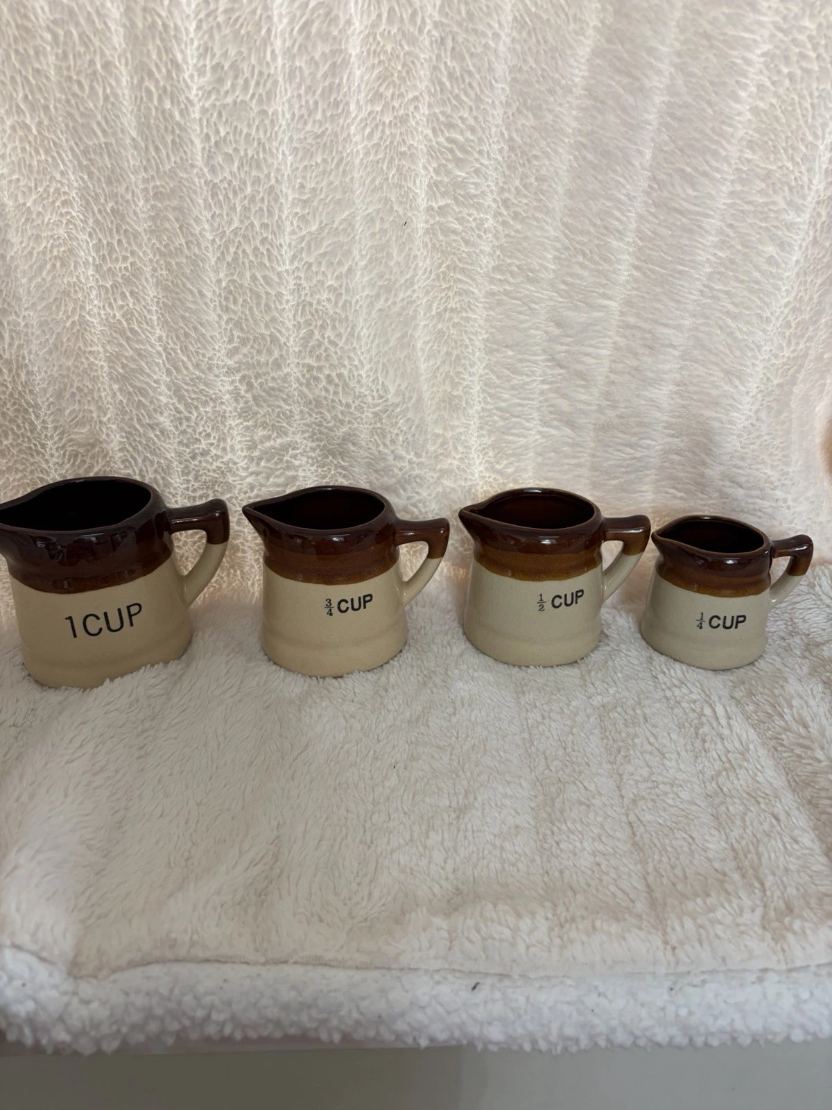 Vtg Measuring Cups Stoneware Ceramic Brown Glaze Set 4 Farmhouse Made In Taiwan