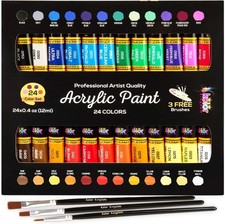 Acrylic Paint Set Tube 24 x 12ml. 3 Free Brushes.perfect For Canvas,Wood,Ceramic