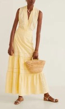 MANGO MNG Maxi dress Yellow Cotton Eyelet Lace Ruffle Size 4/small