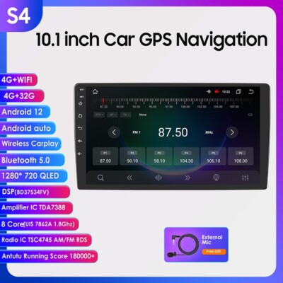 Microphone Android 12 Apple Carplay Bluetooth GPS Map USB Car Stereo AM FM Radio