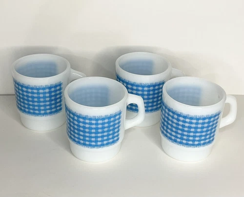 Fire King Anchor Hocking Blue Stackable White Milk Glass Coffee Mugs
