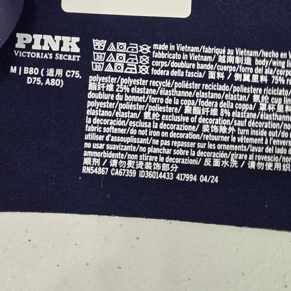 Sujetador ROSA Victoria's Secret Mujer M Azul Marino Geométrico Bralette Correa Inalámbrica Foto 3 de 4