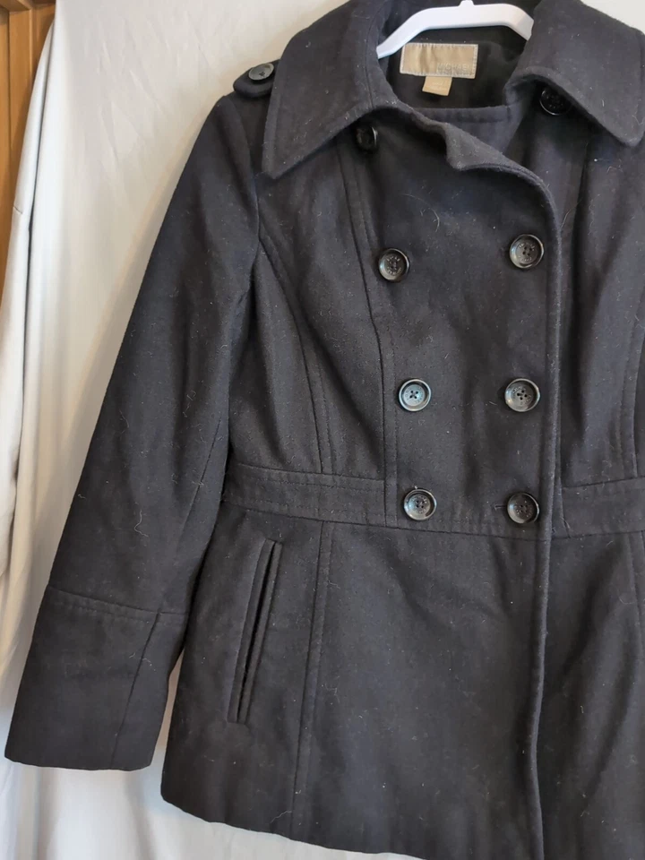 Women's S Michael Kors Black Button Pea Coat - Image 3 of 4