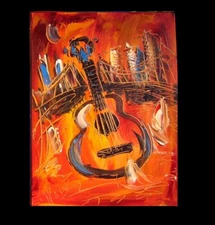 GUITAR MODERN ABSTRACT  FLOWERS   PAINTING CANVAS ART CONTEMPORARY SIGNED  K4tHT