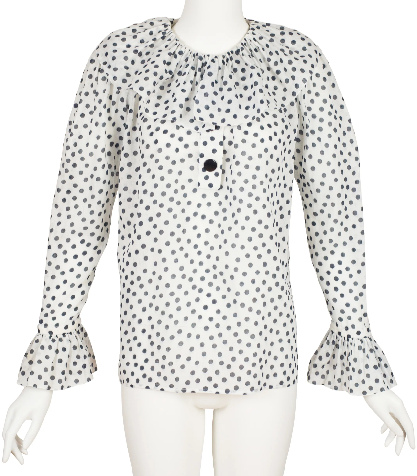 Camicia Yves Saint Laurent vintage anni '80 a pois bianco cotone arricciato 38