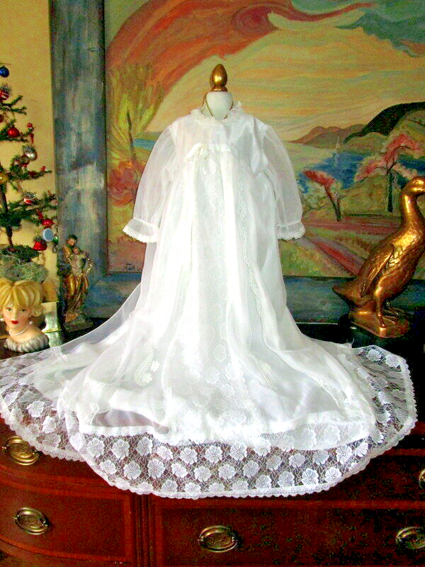 Vintage piece baby lace/satin baptism /christening dress with cape ,bonnet