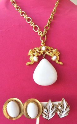 Vintage Milk glass Angel Figural Gold Tone  Necklace Trifari Signed Earrings Lot