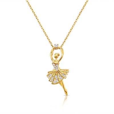 14K Real Solid Yellow Gold Dainty Ballerina Girl CZ Pendant Charm Necklace 18 in