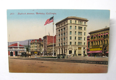 Berkeley CA Shattuck Avenue Postcard c1910 Business College Railway Depot Flag