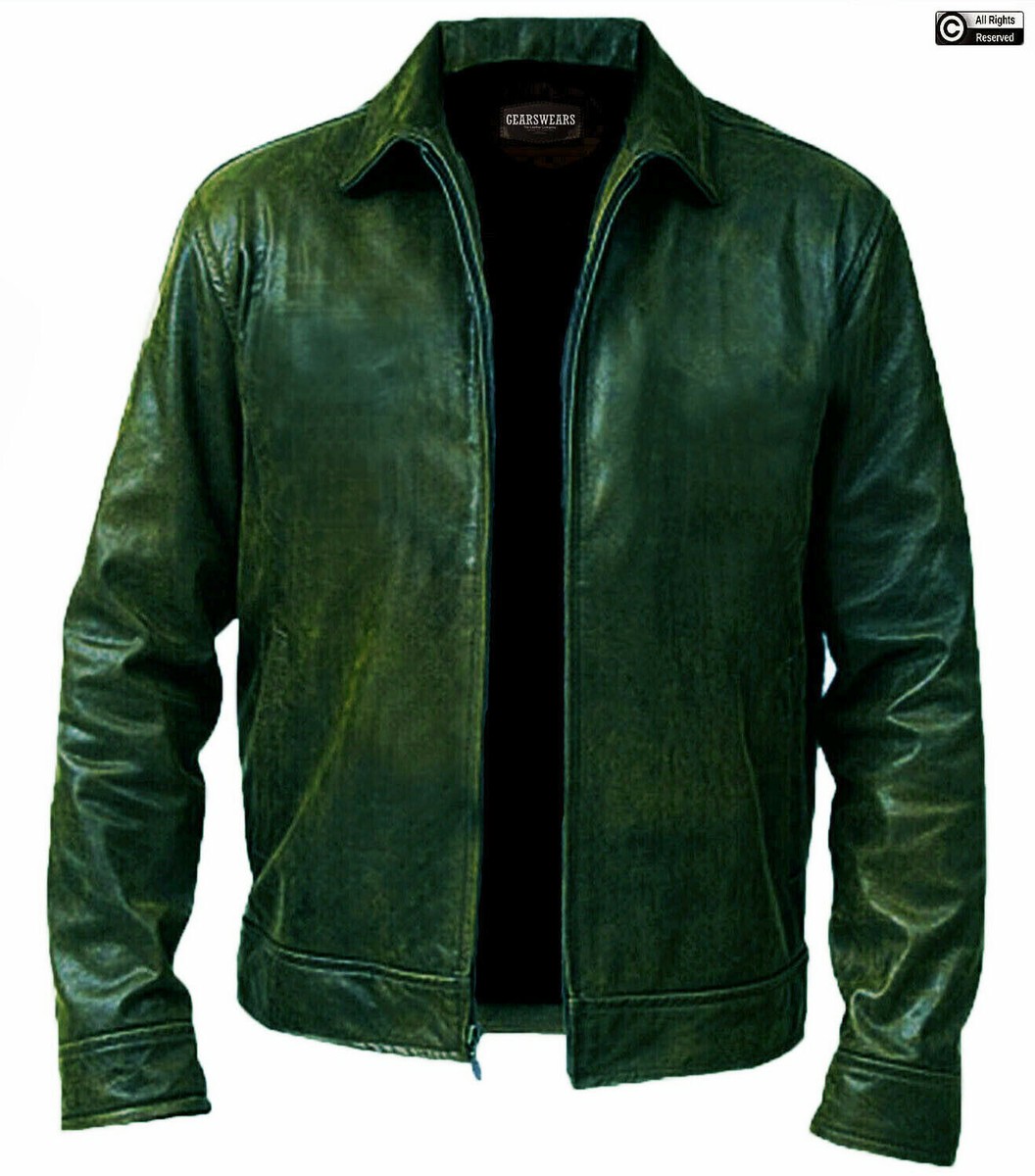 Mens Dark Green Leather Jacket Vintage Biker Motorcycle Cafe Racer