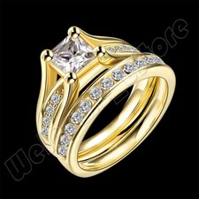 18KGP Gold Plate Round Cut AAA Cubic Zircon CZ Engagement Wending Band Ring Set