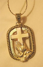 Handsome Openwork Textured Rectangle White Enameled Praying Hands Cross Necklace