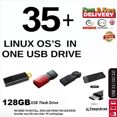 35+ Linux OS in 128GB USB C Type Drive, Live RUN /INSTALL Ubuntu Mint Kali Tails