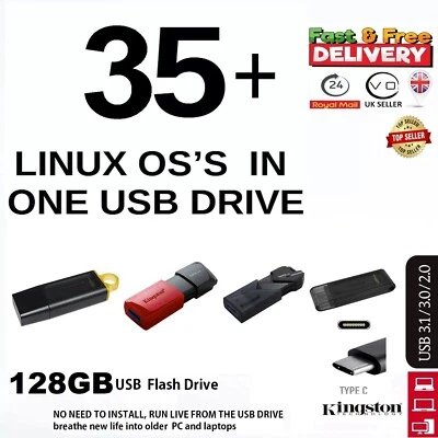 35+ Sistema operativo Linux en unidad tipo USB C de 128 GB, EJECUCIÓN/INSTALACIÓN en vivo Ubuntu como nuevo Kali Tails