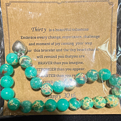 Green Round Stone Beaded Stretch Bracelet with Dangle Heart Charm, Birthday