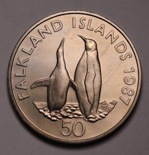 1987 Falkland Islands 50 Pence 50p World Wildlife Fund - King Penguins BU Coin
