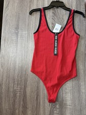 GUESS Women s Red/Black Solid One-Piece Bodysuit Zipper Stretch XXL