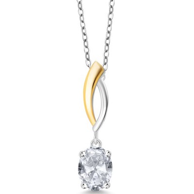 1.50 Ct Oval White Topaz 925 Silver and 10K Yellow Gold Pendant with Chain