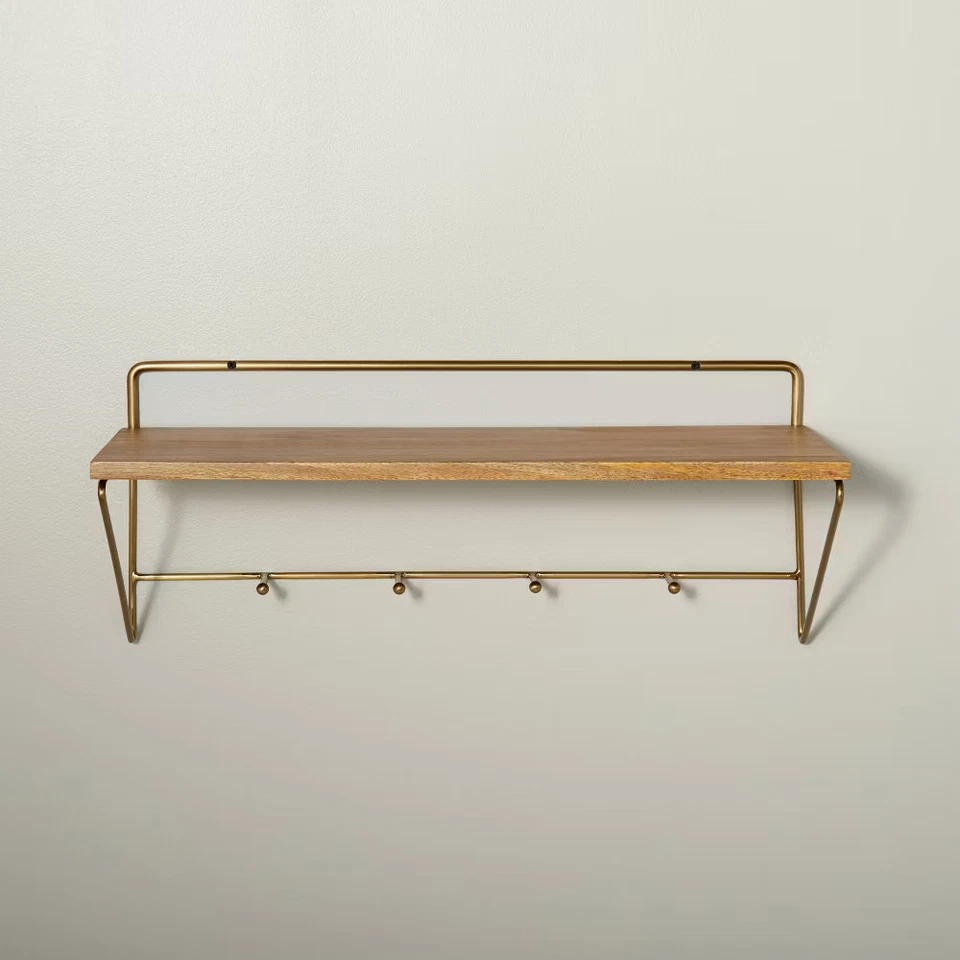 24" Wood & Brass Wall Shelf with Hooks - Hearth & Hand