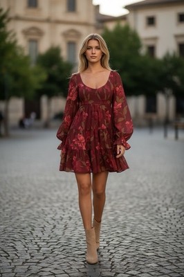 burgundy floral mini dress Kellie Floral Long Sleeve Mini Dress main image 1