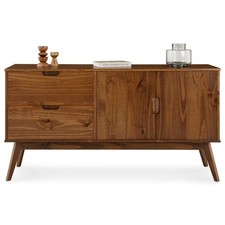 Buffet commode style scandinave 2 tiroirs 2 portes en pin massif bois brun foncé