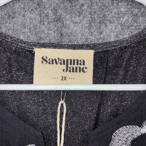 Savanna Jane Shirt Womens Size 2X Black Shiny florar Embroidery Dressy - Picture 3 of 8