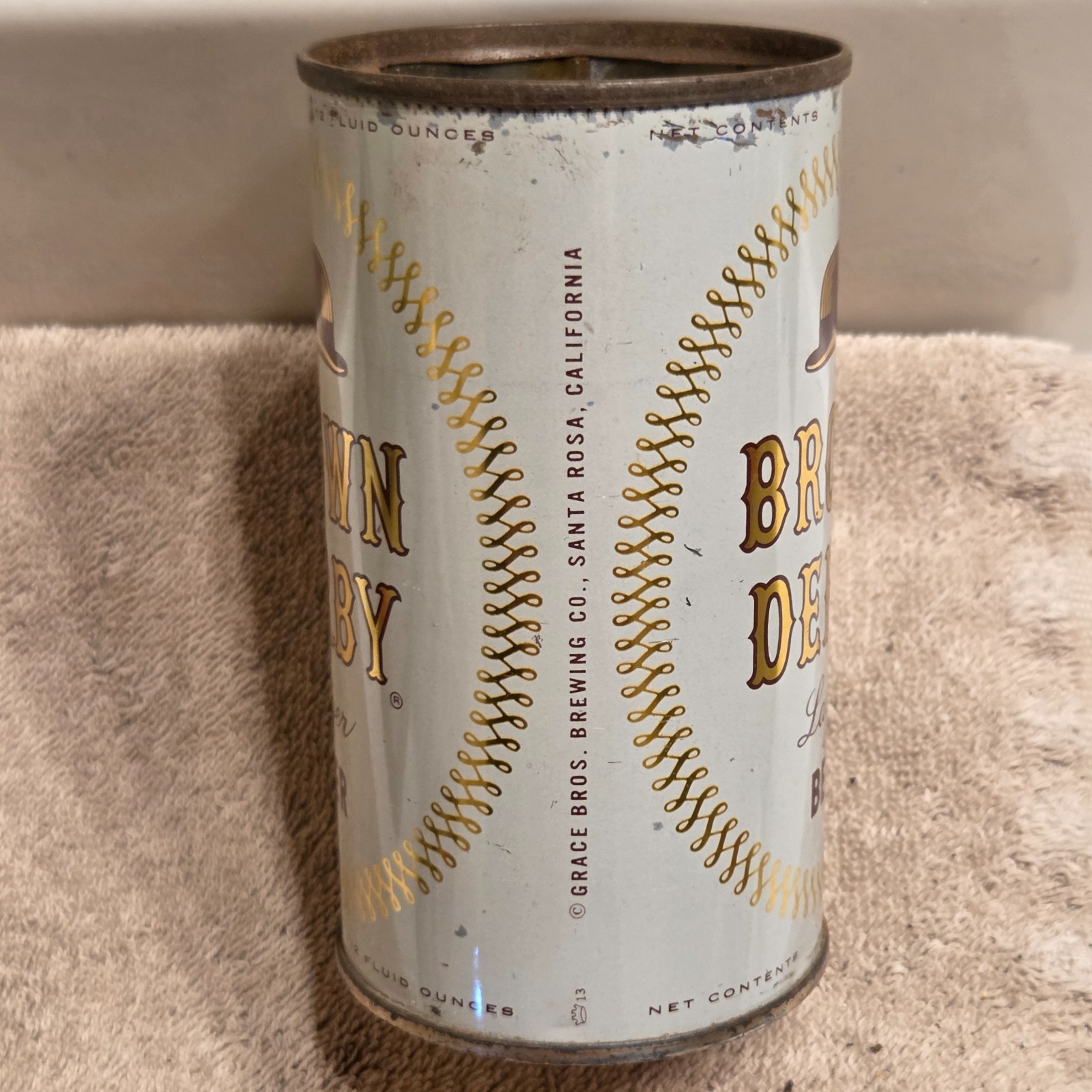 1950s BROWN DERBY by GRACE Flat Top beer can, Santa Rosa, California