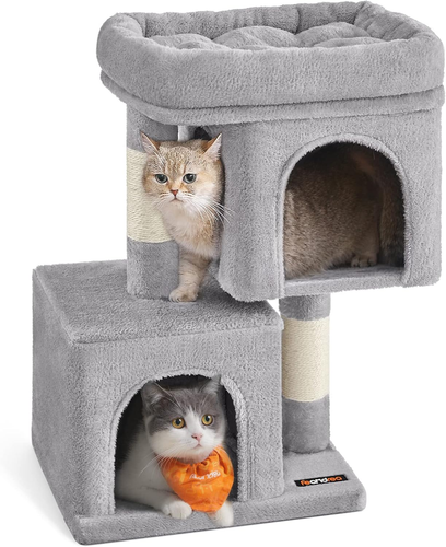 Cat Tree Tower 26" w/ 2 Caves, Perch, Scratching Posts, Light Gray - Picture 2 of 12