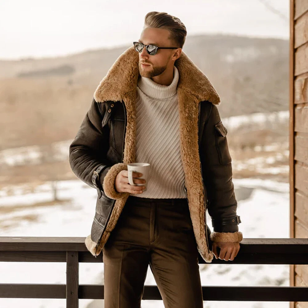 B3 Aviator Flying Jacket Real Shearling Bomber Leather Jacket Coat for Men Brown