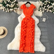 Hot Women Elegant Banquet Dress Slim Length Dress Pleated Skirt Party Prom