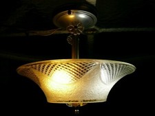 Antique Alum Frosted, Clear Weave Gass Art Deco Light Fixture Ceiling Chandelier