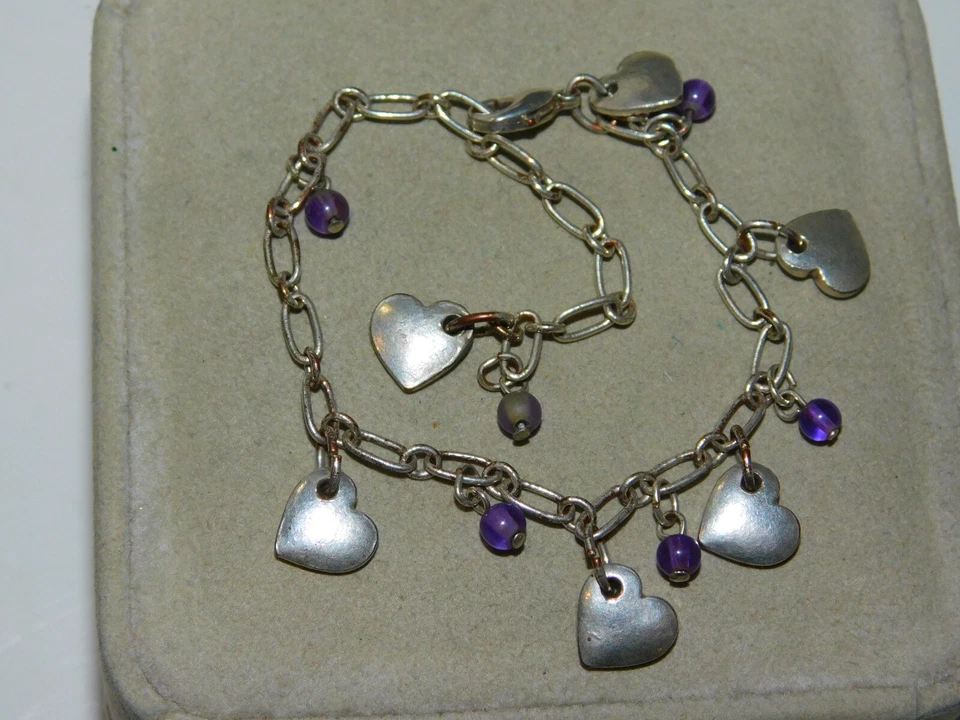Silber Herz Anhänger Violett Lila Perlen Kette Armband 2f 104 - Bild 3 von 4