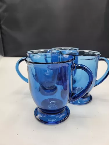 Set of 4 Vintage Anchor Hocking Cobalt Blue 5” Glass Mugs *Made In USA* EUC