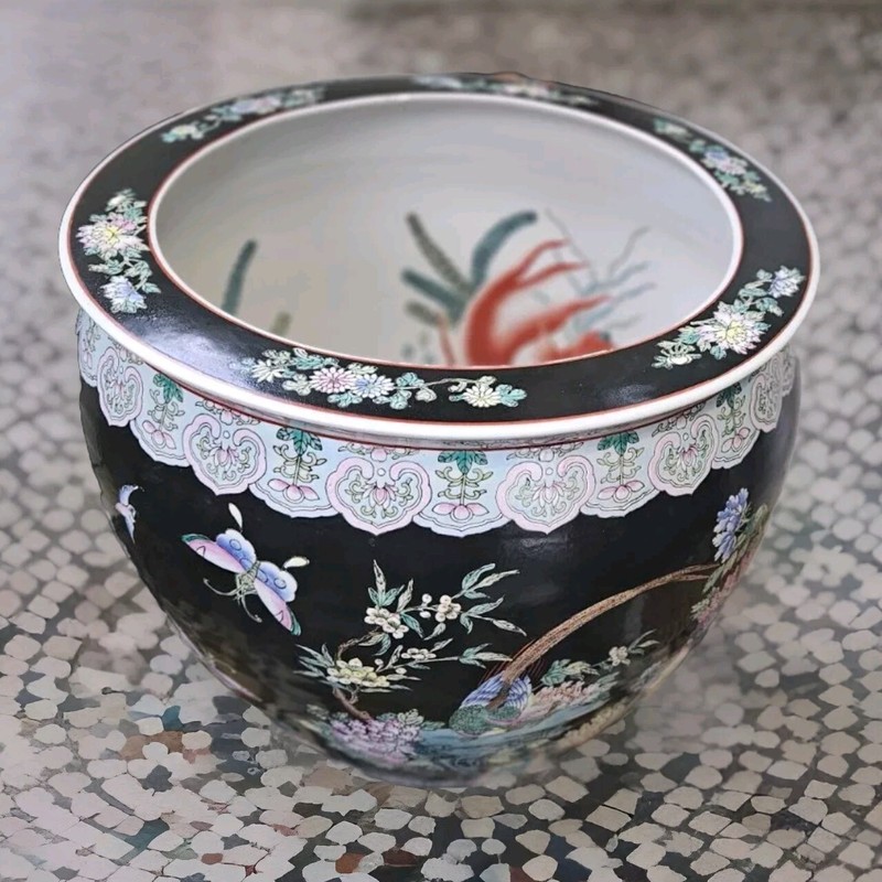 Chinese: Large Black Multi Color; Jardiniere Pot-Flowers-Gold-koi-fish Pot/Bowl