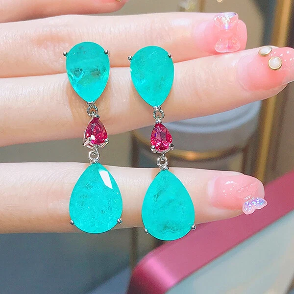 Nuevos pendientes colgantes de plata con gemas de turmalina verde neón joyería para mujer con encanto Foto 3 de 4