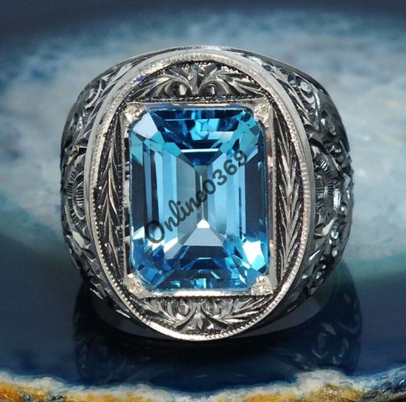 Men's 3ct Emerald Aquamarine Pinky Ring 14k White Gold Plated 925