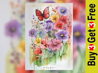 Schmetterlingsgarten in Blüte 5''x7 Druck auf mattem Papier | Lebendiges Blumen Aquarell