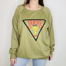 Vintage Guess Jeans Paris Army Green Spell Out Triangle Pullover Sweatshirt XL