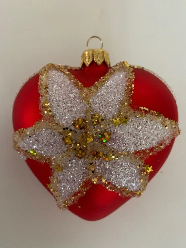 EUROPEAN BLOWN GLASS RED HEART w/ STAR GLITTERS CHRISTMAS TREE ORNAMENT 4"x4"
