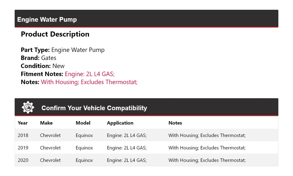 Para Chevrolet Equinox 2018-2020 2L L4 motor de gas bomba de agua puertas 2019 Foto 2 de 4