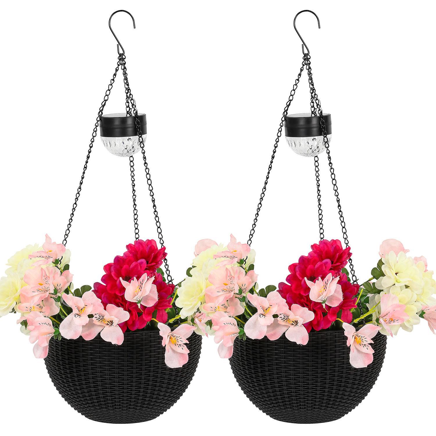 Rattan Effect Solar Hanging LED Basket Light Outdoor Garden Flower Planter New - Image 3