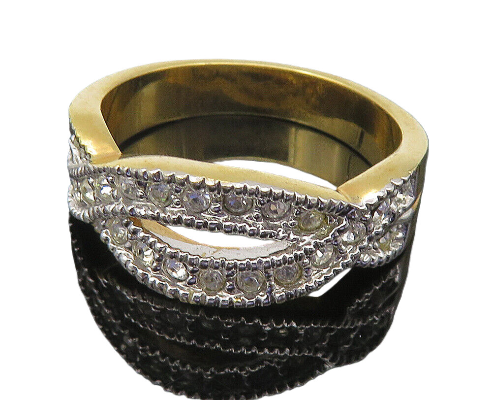 925 Sterling Silver Sparkling Topaz Shiny Two Tone Band Ring Sz 9
