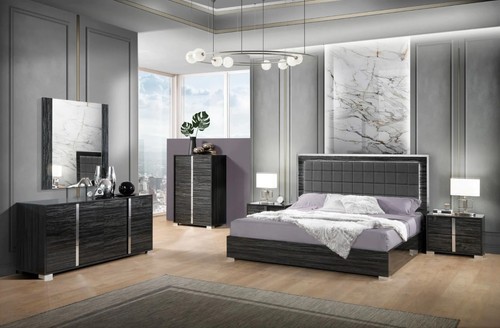 Alice Modern Queen Bedroom Set in Gloss Grey, 5 Piece