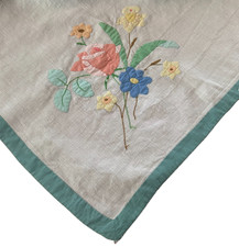 Cottage Core Flower Appliqu d Small Linen White Tablecloth Green Pink Blue 33x35