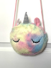 Small Pastel Rainbow Plush Unicorn Faux-Fur Zipper Crossbody Bag NEW