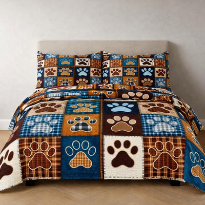 Patchwork Quilt Set King Size, Blue Brown Dog Paw Bedspread, Soft Lightweight Mi