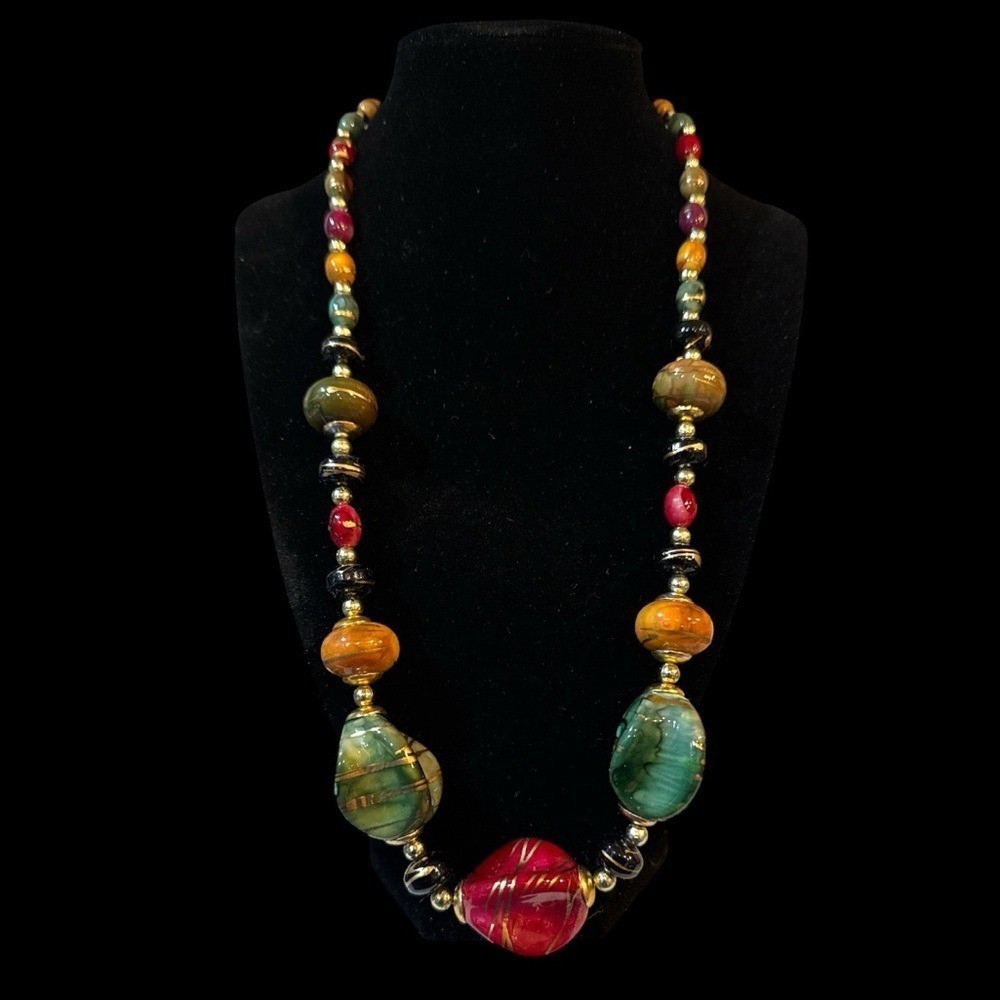 Multicolor Bead Statement Necklace Boho Gold Tone… - image 2