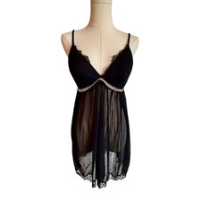 Victoria's Secret Black Mesh Babydoll Chemise Rhinestone Lace Trim Lingerie36C