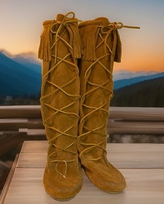 Lace Up Fringe Tall Boot Brown Suede Native Style Minnetonka Moccasin Womans 7